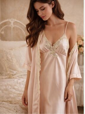 Cinema Etoile Satin Nightgown Robe Set Pink Lace Medium Vintage Style